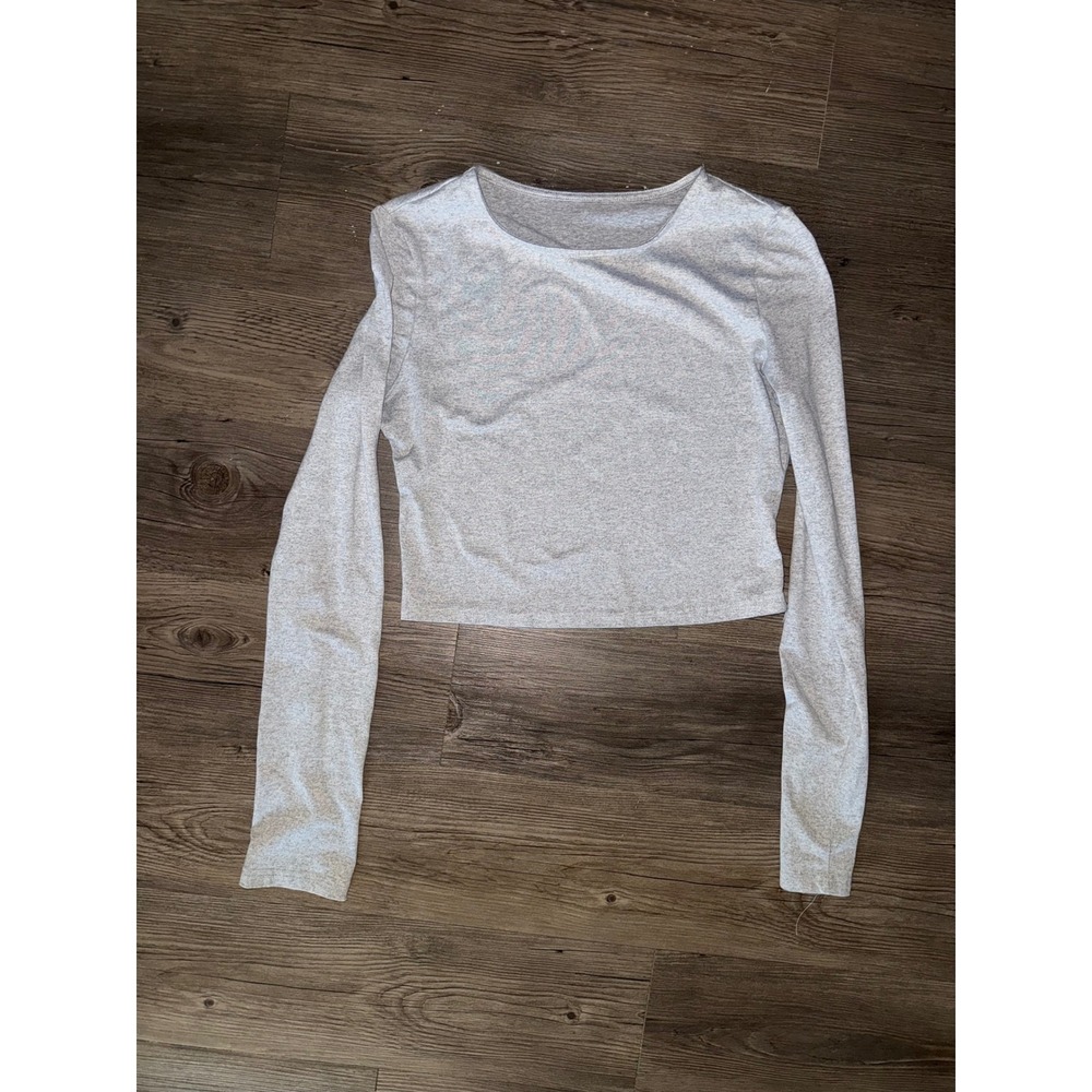 Heather Gray Long Sleeve Crop Top Crew Neck Stretch Basic Size L